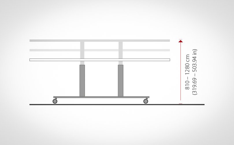 Height-adjustable laboratory table with dimensions ranging from 810 to 1280 mm.