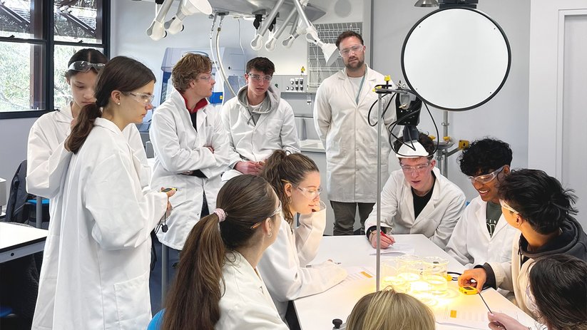 Pupils and teachers work together on an experiment