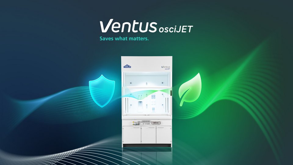 Laborabzug Waldner Ventus osciJET mit Icons für Sicherheit und Effizienz.