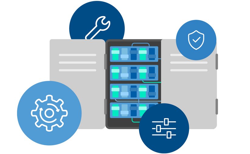 Moderne Illustration eines Serverschranks mit Symbolen für Wartung, Sicherheit, Automatisierung und Steuerung im Kontext von Retrofit-Lösungen.