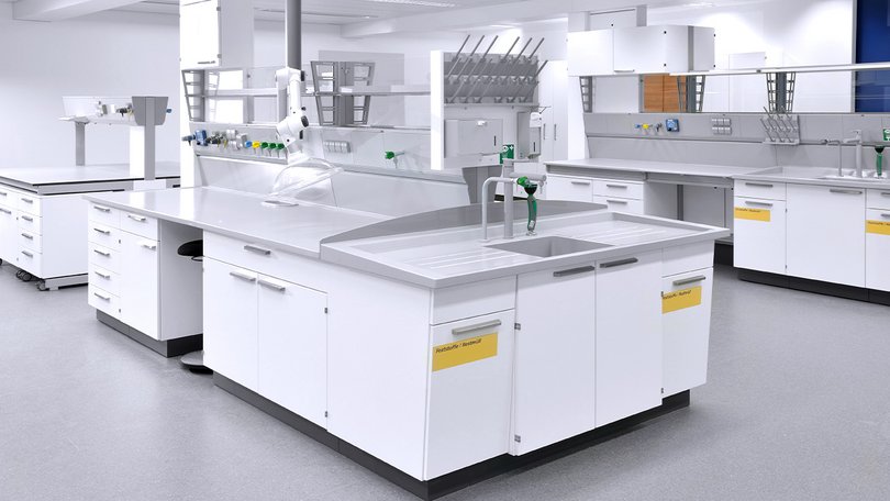 Laboratory with articulated extraction arm and laboratory sink module