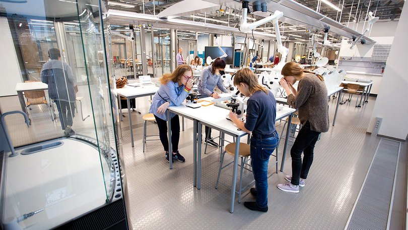 Group of students collaborating in an industrial-style lab