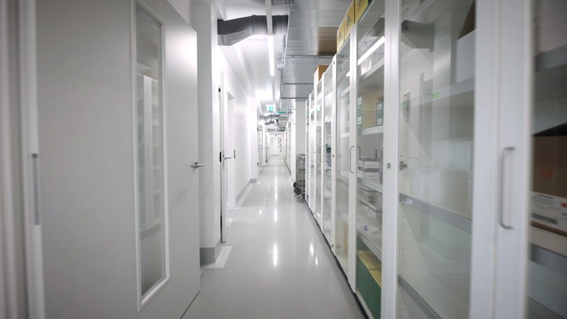 Laborflur mit Glasfronten und Zugang zu Reinräumen.