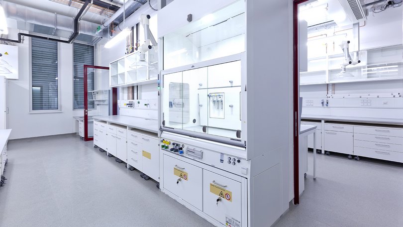 Laboratory with bench-mounted fume hood