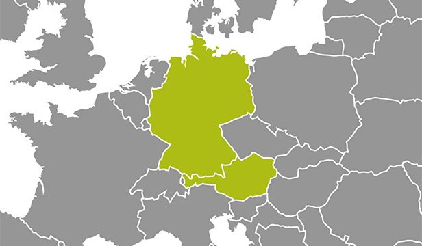Map of Europe highlighting Germany and Austria