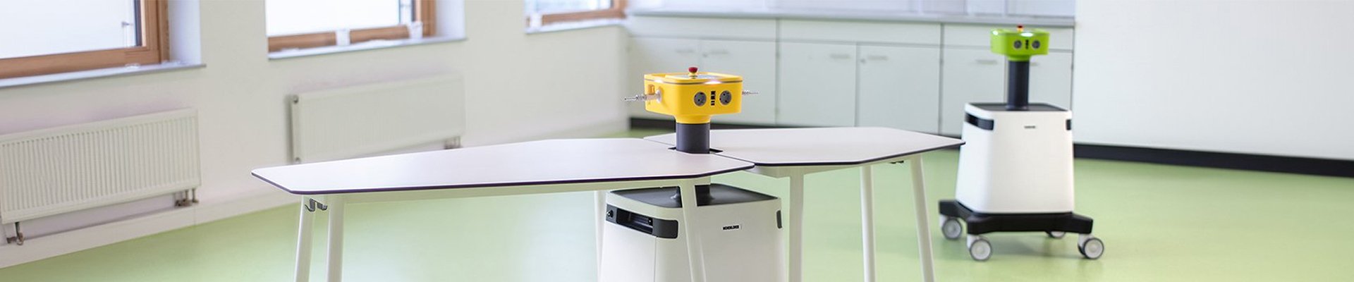 Mobile media unit on wheels in modern classroom