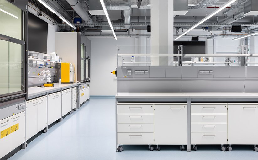 Modern laboratory space with work islands and equipment.