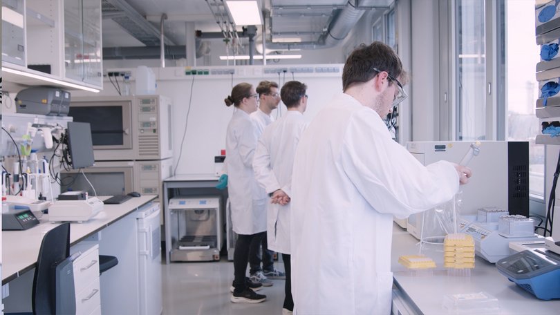 Forschungsteam arbeitet gemeinsam an Laborarbeitsplätzen.