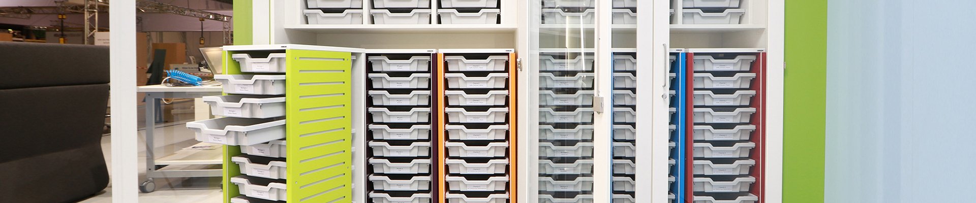 Modular storage cabinets with drawers in bright colors