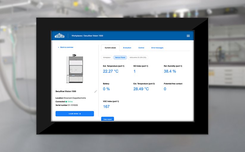 ouch Panel im Labor mit LCC-Sensoransicht für den Waldner Secuflow Vision Laborabzug mit Messwerten für Temperatur, Feuchte und VOC-Index.