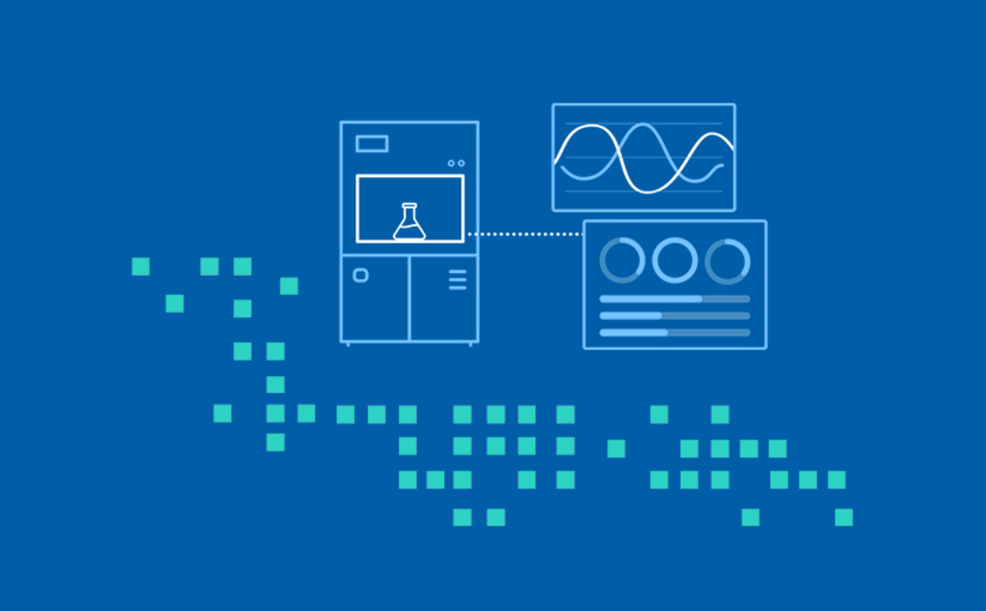 Grafische Illustration der Schnittstelle zwischen Waldner Laborabzug und digitalem Lab Control Center zur Datenanalyse smarter Laborarbeitsplätze.