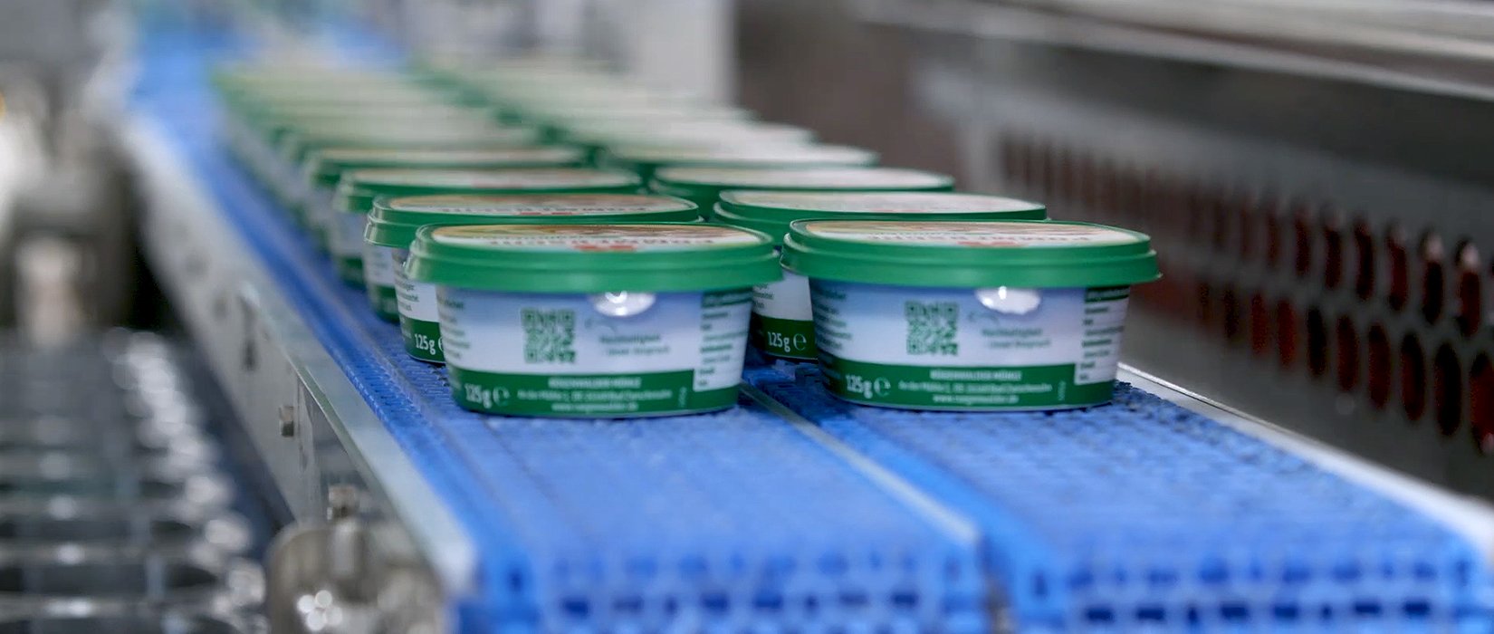 Packaged food on conveyor belt