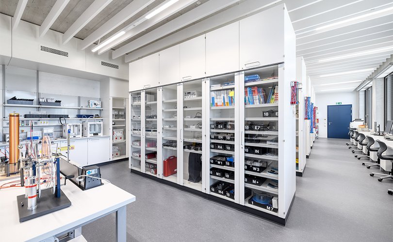 Birght room filled with tall cabinets