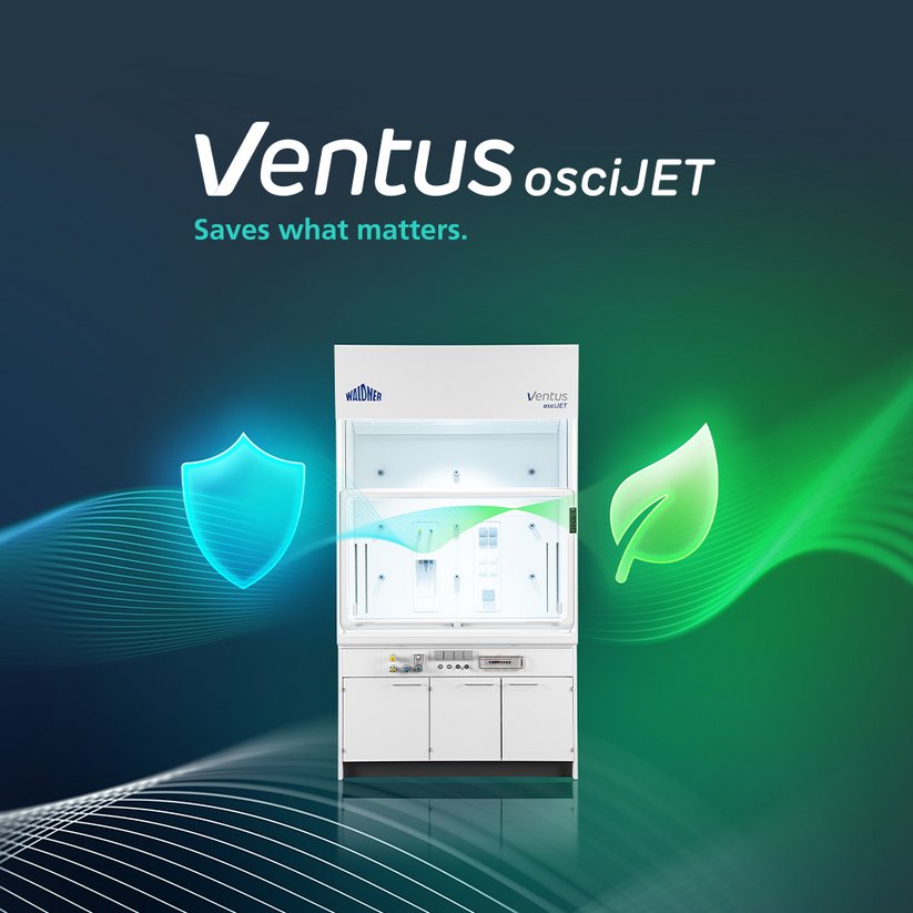 Waldner Ventus osciJET laboratory fume hood with icons for safety and efficiency.