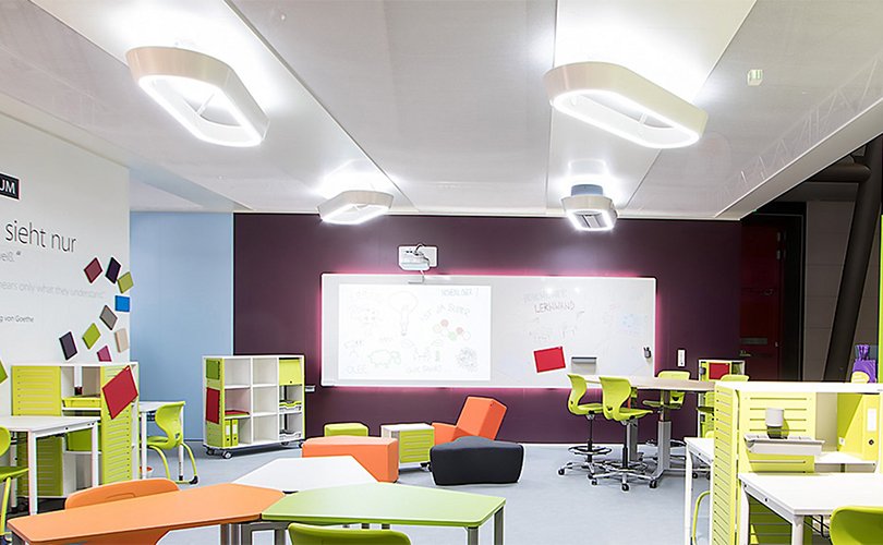 Colorful classroom with Fly Light ceiling units