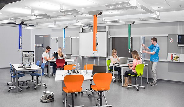 Group of students working in media-equipped classroom