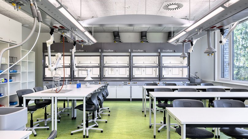 Modern science lab with benches and equipment for experiments